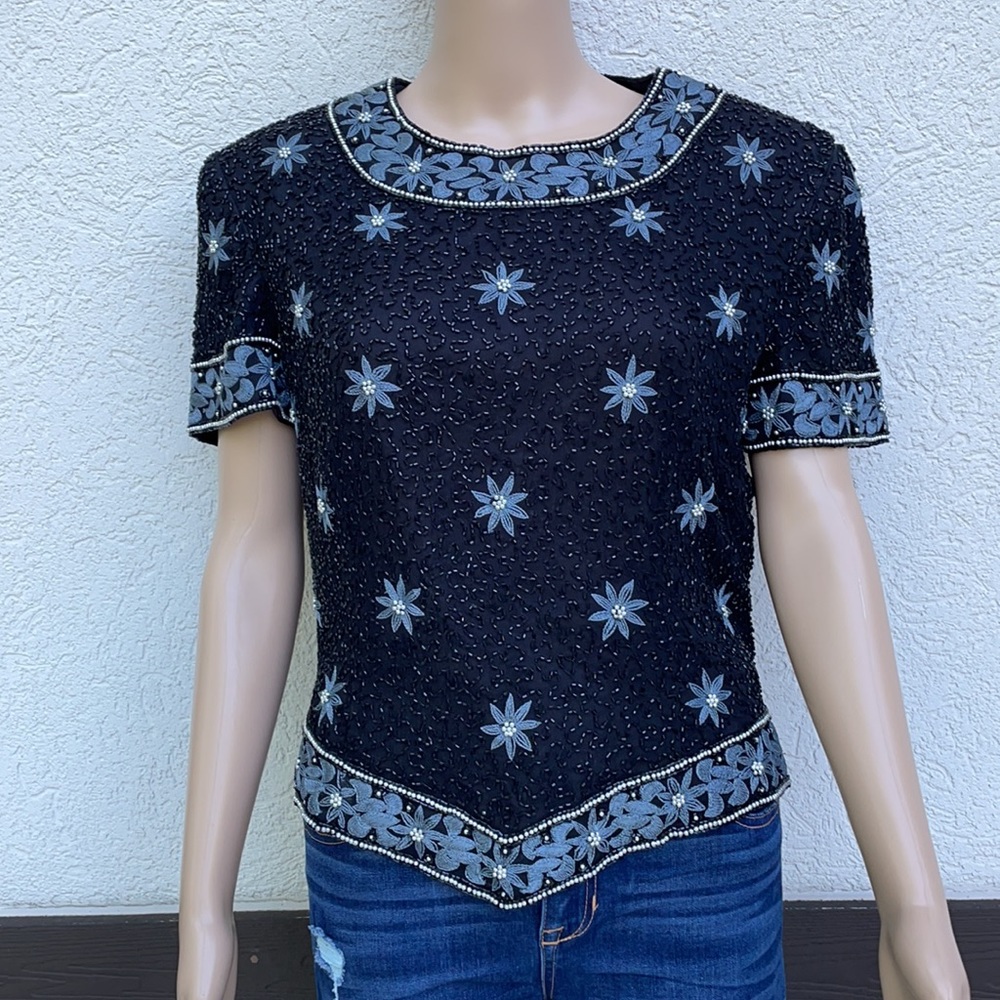 Cote d Azur top Evening SILK Top Blouse Beaded Vintage